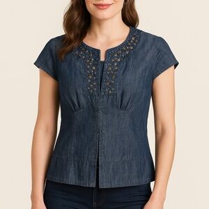 Coldwater Creek Studded Denim Jacket 14 Cap Sleeve Dark Chambray Boho Western